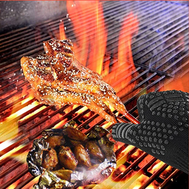 Flame Retardant Non-slip BBQ F - Oven Mitt Silicone ulasan dan harga